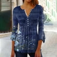 thumbnail image 2 of Htigea 3/4 Sleeve T Shirts for Women Floral Printed Buttons Pleated Casual Tunic Top Blouse Loose Fit Tees Blue,S, 2 of 5