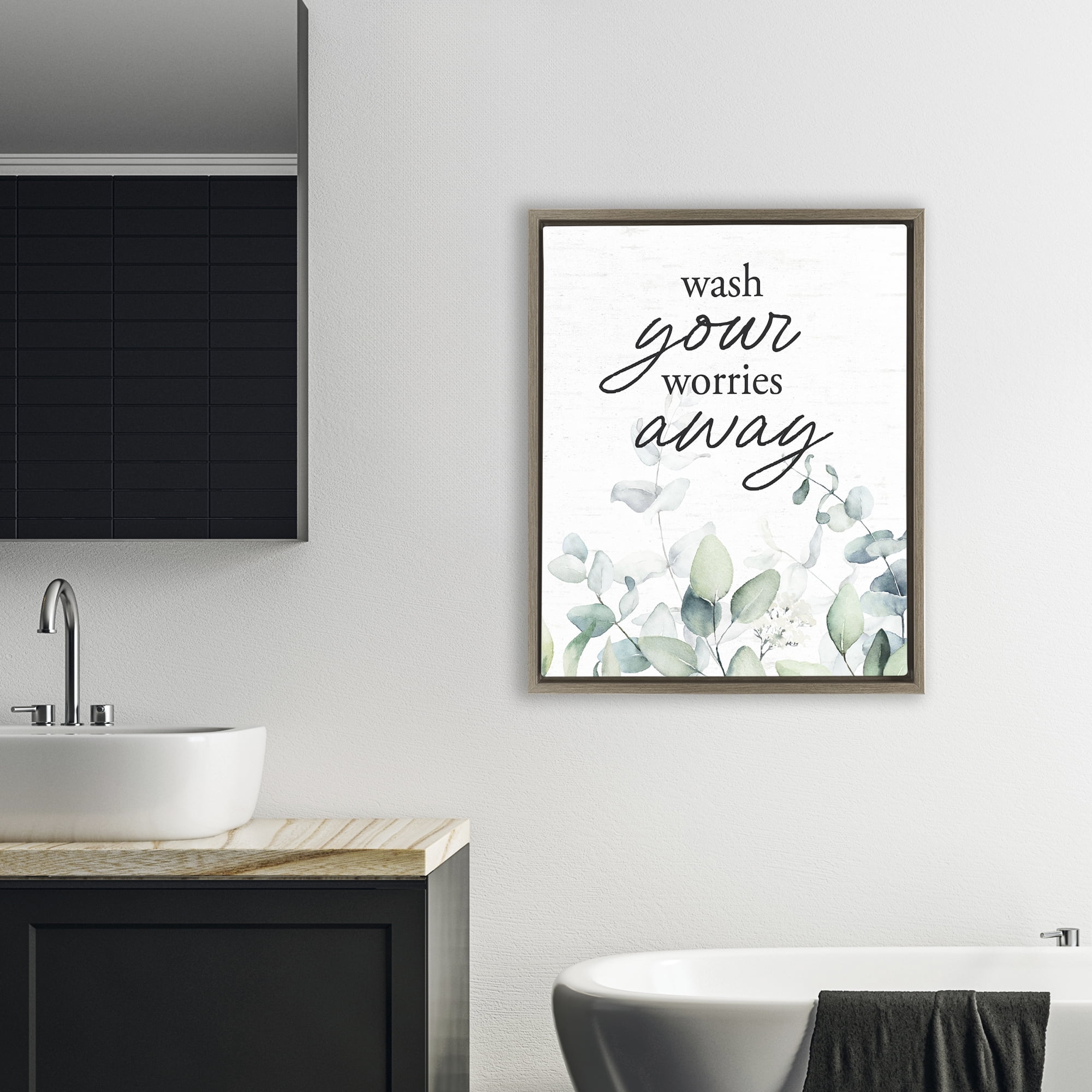 Wash Worries Away Herb Leaves Brown Framed Floater Canvas Wall Art, design by Lettered and Lined