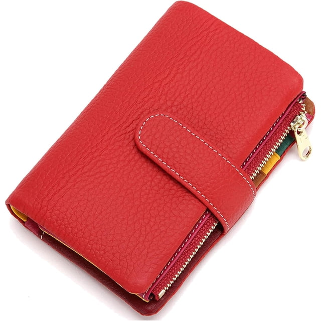 Small Bifold Real Leather Wallet Women Designer Minimalist RFID Blocking Wallet with Removable Card Holder & Coins Pocket (Red)