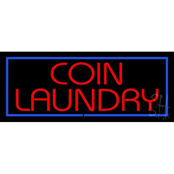Red Coin Laundry Blue Border LED Neon Sign 13" Tall x 32" Wide - inches, Black Square Cut Acrylic Backing, with Dimmer - Bright and Premium built indoor LED Neon Sign for Storefront.