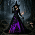 thumbnail image 4 of AoDai Gothic style long-sleeved witch dress with ghost castle print, suitable for Halloween party cosplay (all dress patterns are printed, the dress does not include a petticoat)., 4 of 6