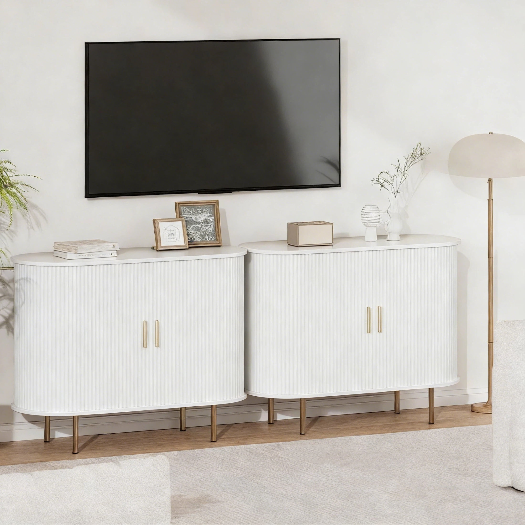 Aisword Sideboard Buffet Cabinet with Storage,Mid Century Modern Fluted Accent Coffee Bar Console Table,Tambour Sliding Doors& Adjustable Shelf for Kitchen, Living Room, Entryway, 40 Inch White