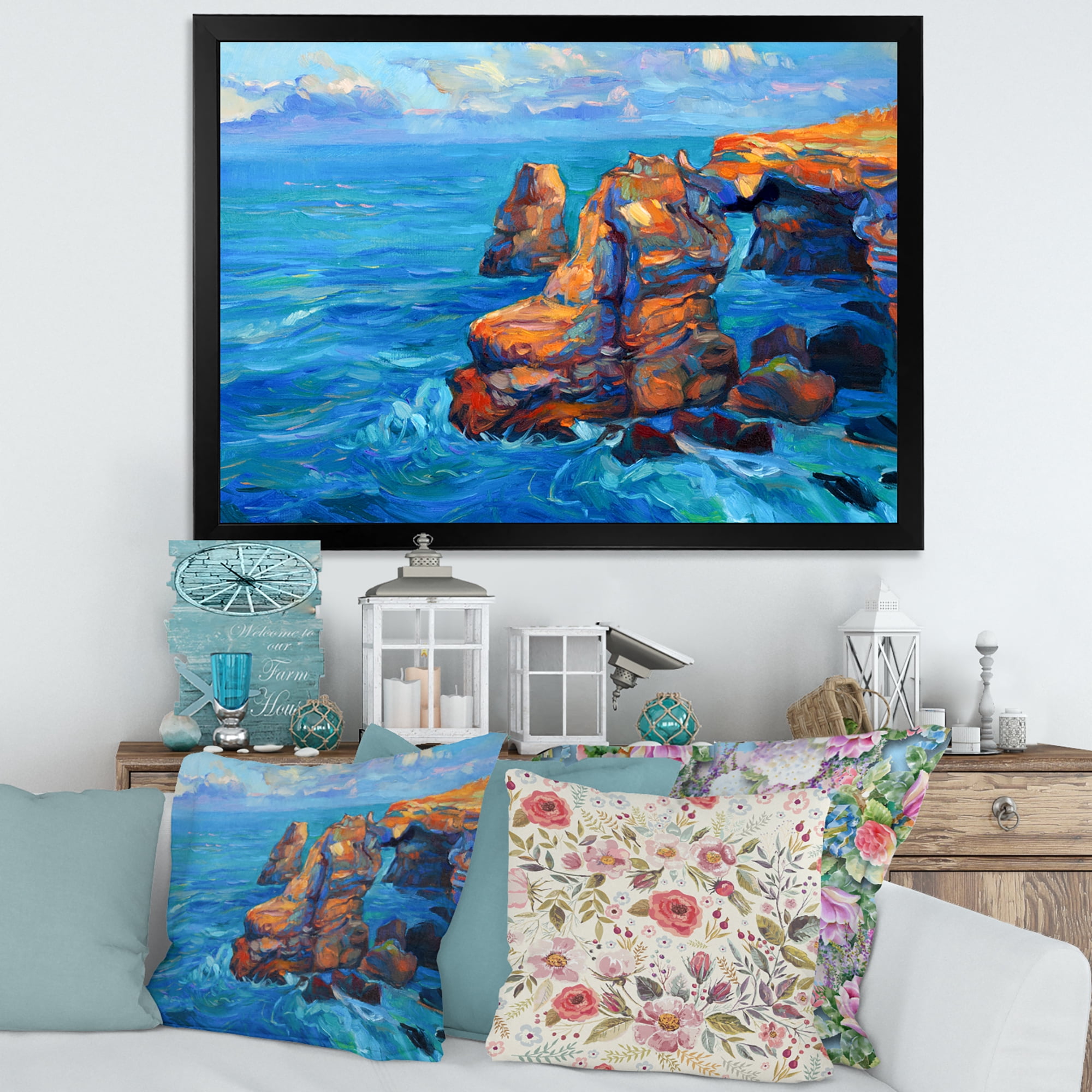 Designart 'The Blue Ocean By Rocky Cliffs' Nautical & Coastal Framed Art Print