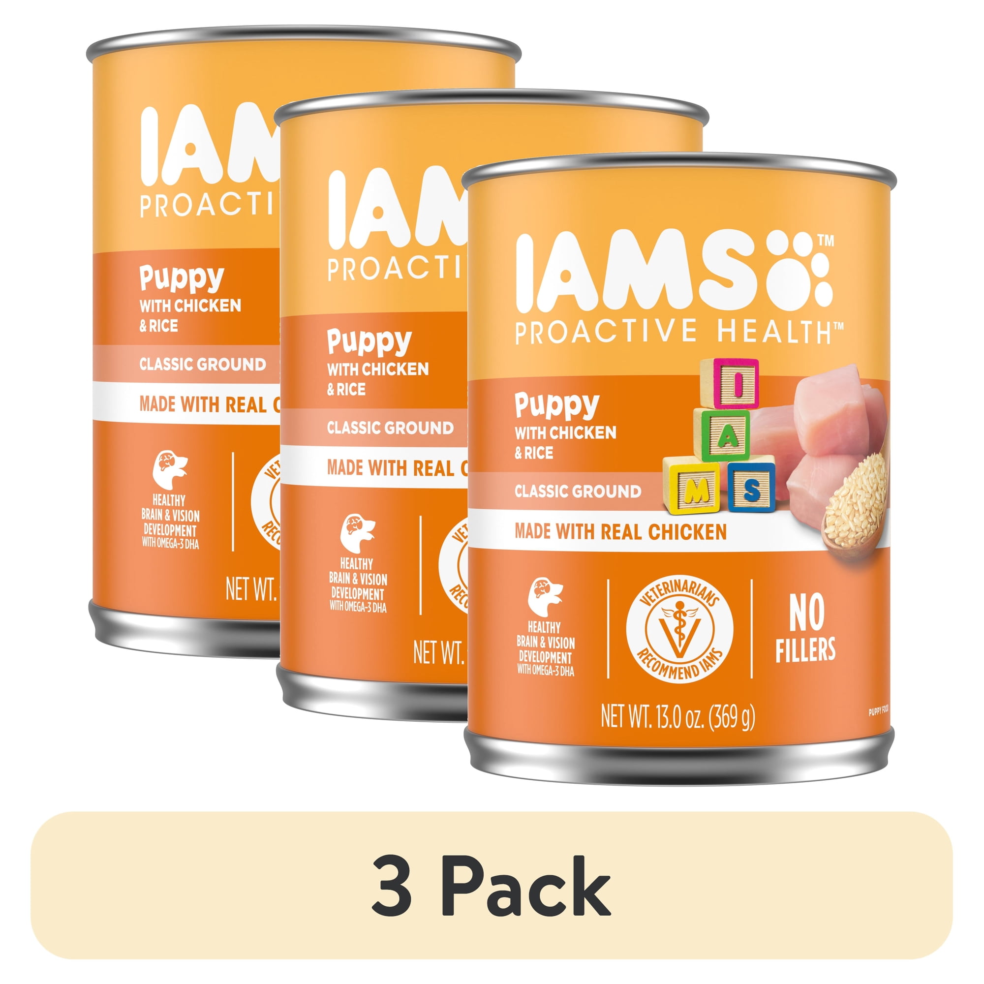 (3 pack) IAMs Proactive Health Puppy Wet Dog Food Classic Ground with Chicken and Rice, 13 oz. Can