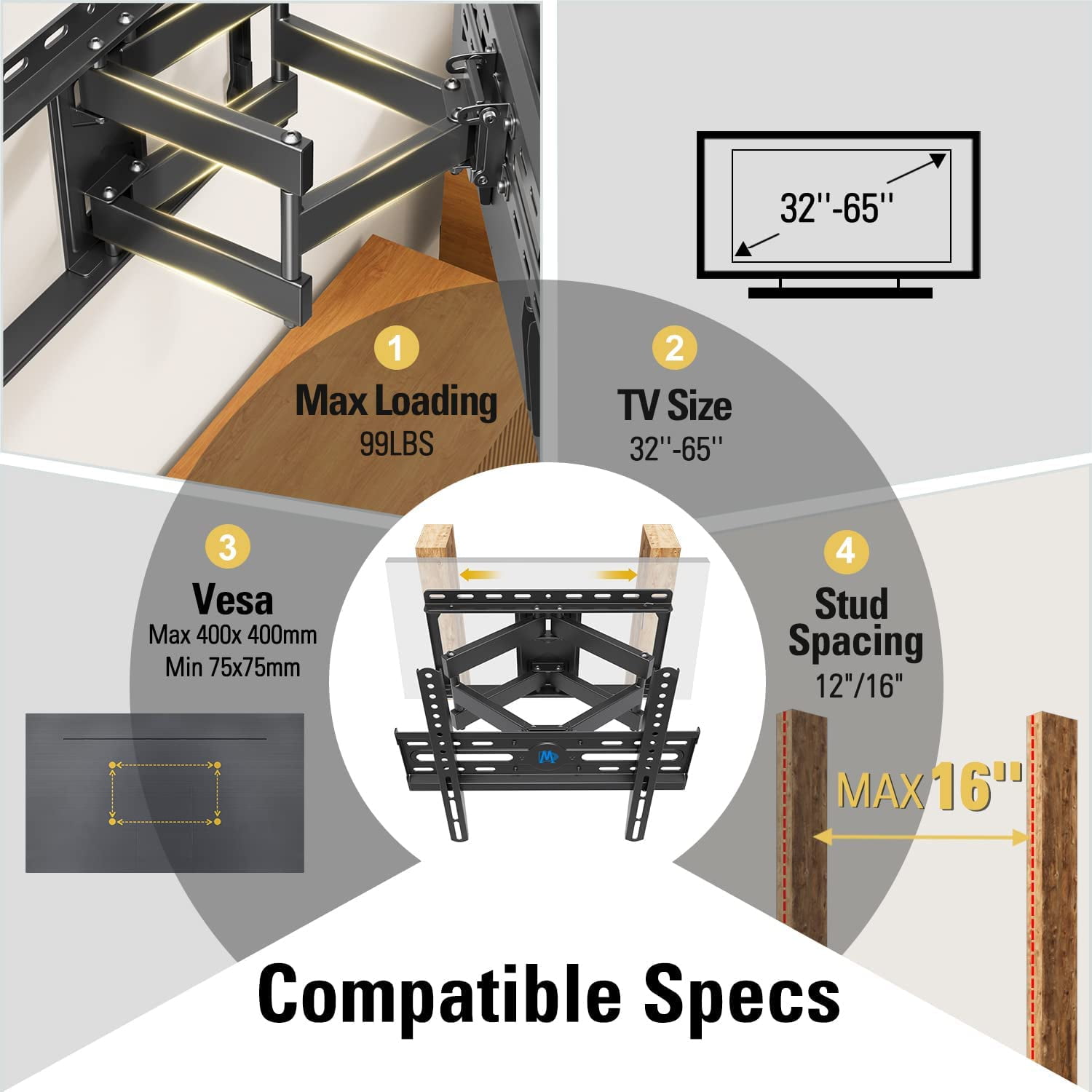 Wall Mount for 32-65 Inch Television,Mount with Swivel and Tilt, Full Motion Bracket with Articulating Dual Arms, Fits 16inch Studs, Max VESA 400X400 mm, 99lbs