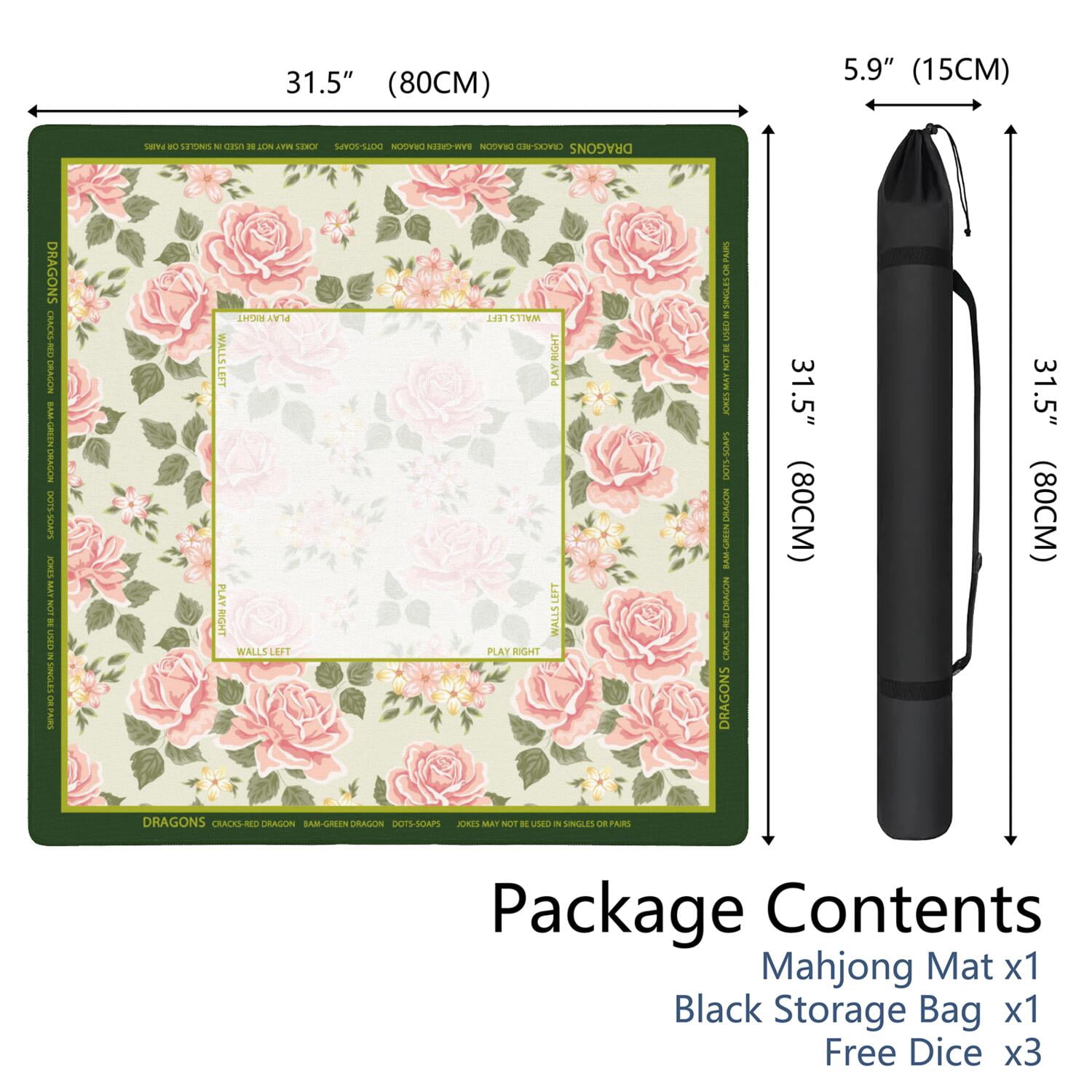 Floral Mahjong Mat with Rules, 31.5*31.5in Anti Slip American Mahjong Mat for Table, Noise Reduction, Neoprene Mah jongg Mats with Carrying Bag & 3 Dices, Mahjong Set Gift, Board Tile Games Mats