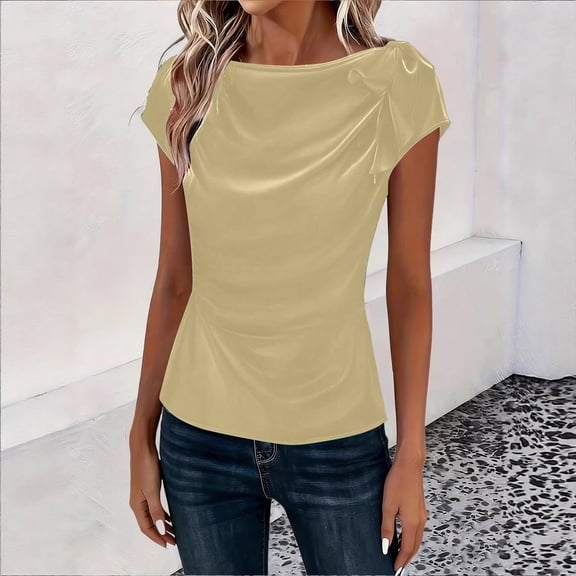 Molidfa Ruched Boat Neck Pull-On Short Sleeve Pullover Slim Casual Cap Solid Casual Off the Shoulder Women's T-Shirt
