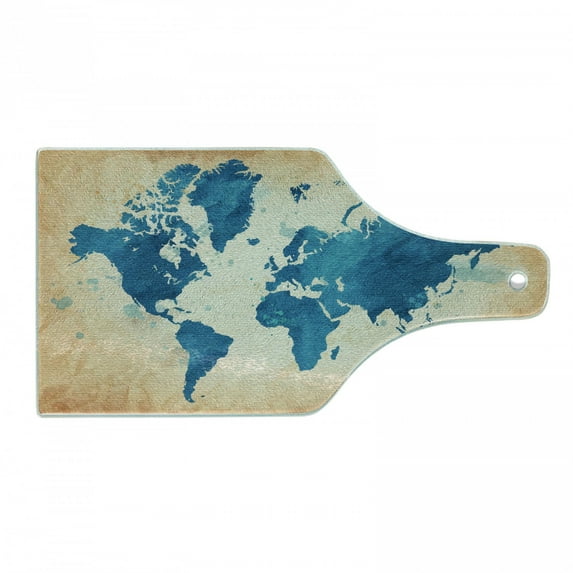 Map Cutting Board, Vintage World Atlas Watercolor Brushstrokes on Old Backdrop Print, Decorative Tempered Glass Cutting and Serving Board, Wine Bottle Shape, Navy Blue Sand Brown, by Ambesonne