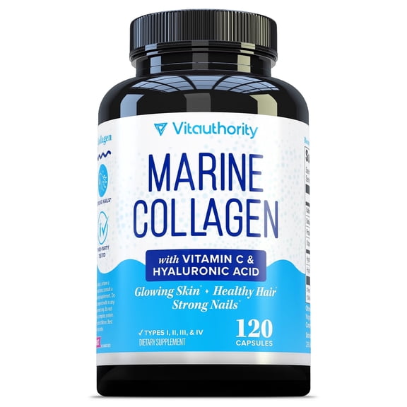 Marine Collagen Capsules Hyaluronic Acid & Vitamin C | Skin Elasticity, Hydration, Hair, Nail & Joint Support | Pescatarian-Friendly 30 Servings