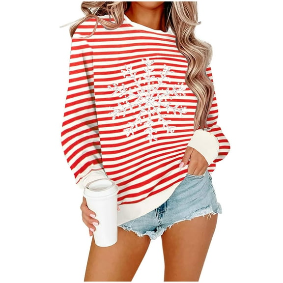 Womens Striped Sweatshirts Christmas Holiday Pullover Shirts Long Sleeve Crewneck Fashion Tops Fall Clothes, XXL White