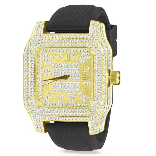 Gold Roman Numeral Square face Mens Black Silicone Band Watch