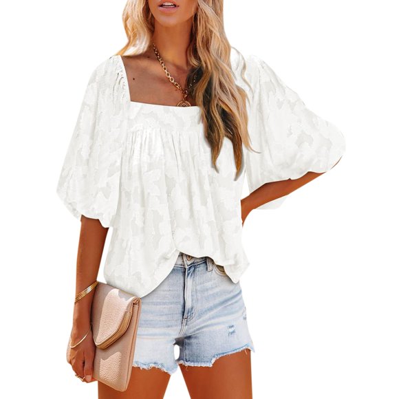 DondPO Workout Tops for Women Going Out Tops Womens Tunic Tops Short Sleeve V Neck Polka Dot Blouses Shirts Crop Tops for Women Sexy Tops White L