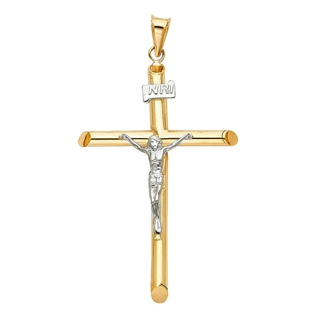 14kt White Gold Cross Crucifix - FB Jewels 14K White and Yellow Two Tone Gold Hollow Round Tube Christian Crucifix Cross Pendant 55mm X 30mm