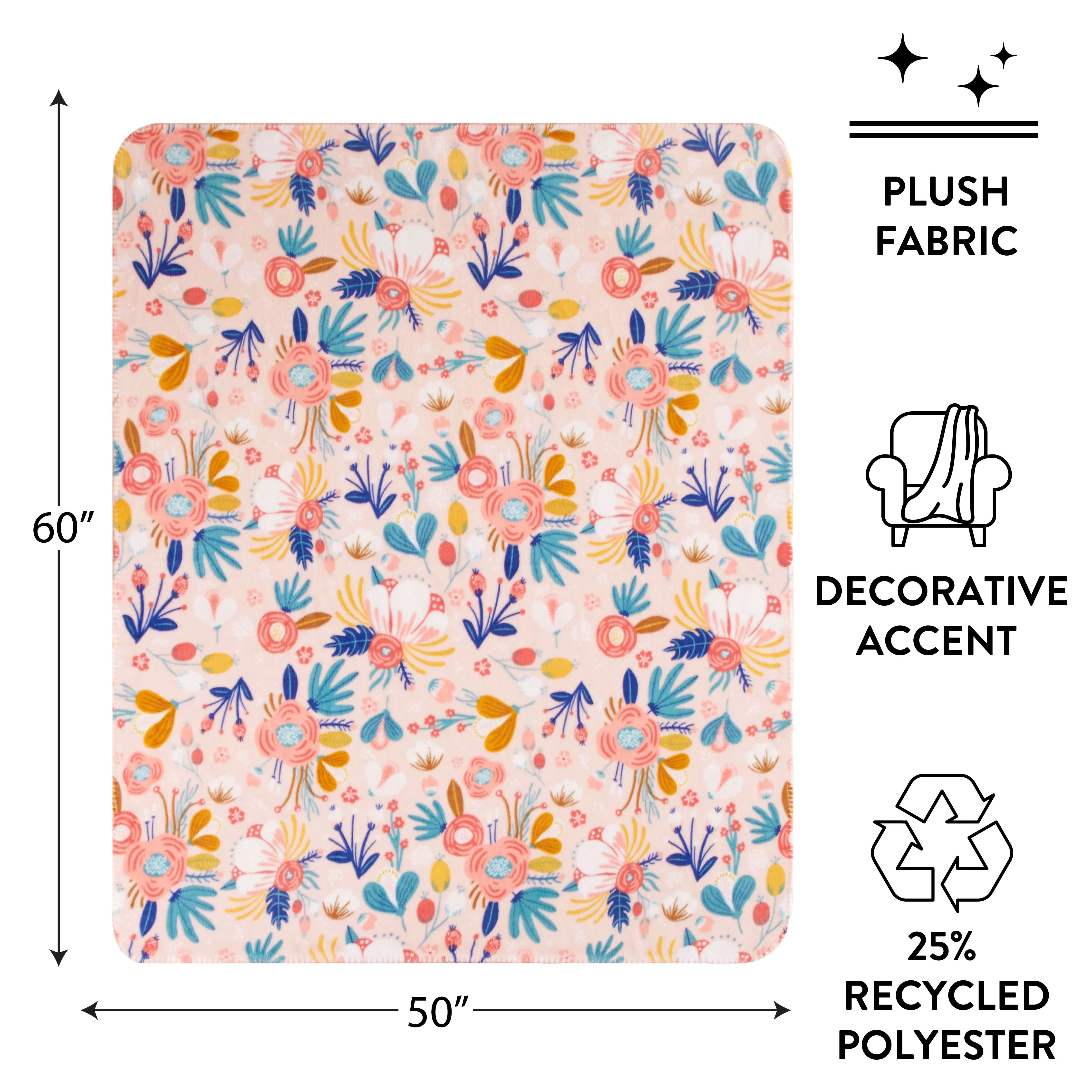 Mainstays Pink Floral Cozy Plush Throw Blanket 50" x 60"