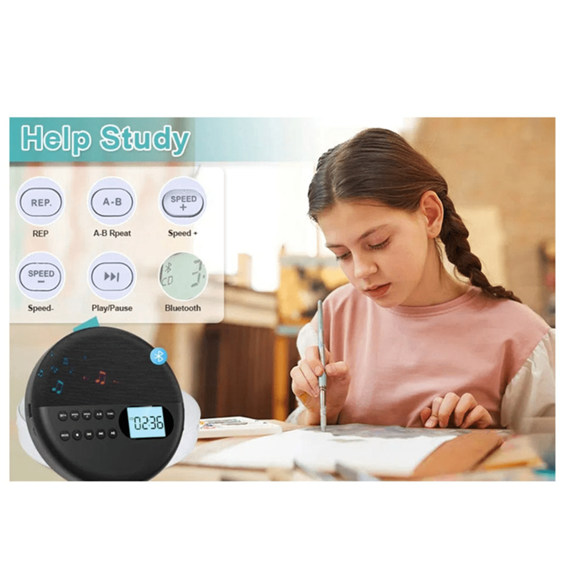 Portable CD Player and MP3 Player with Anti Skip Protection and Dual Stereo Speaker, Adjust Bluetooth Player