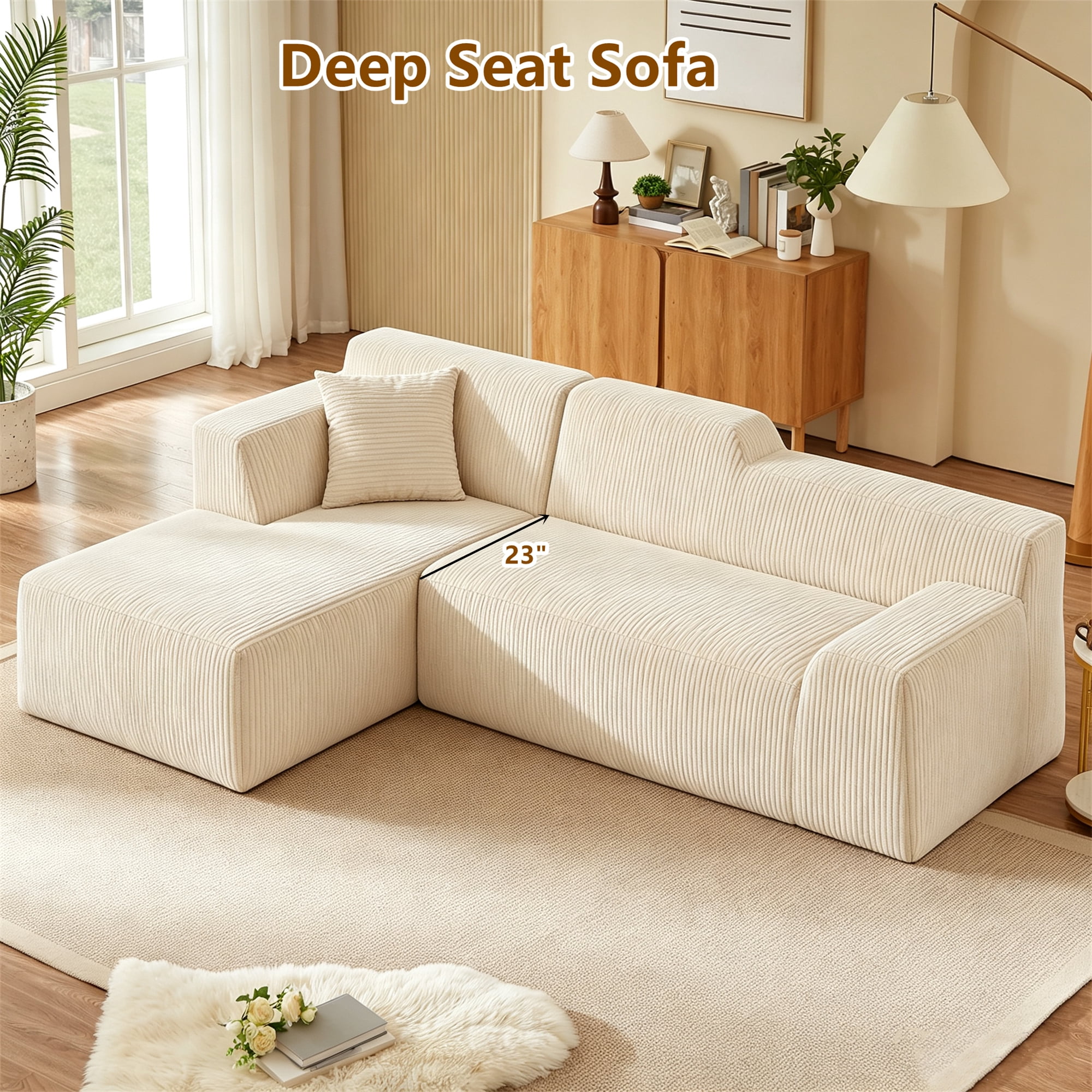 Aukfa 97" Cloud Sectional Sofa Tight Back Boneless Couch Modular L-Shaped Couch, Left Chaise Corduroy Sofa for Living Room, Beige