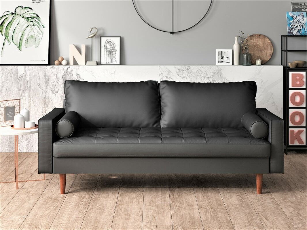 US Pride Furniture Mid-Century Gabler Loveseat in Faux Leather, Black