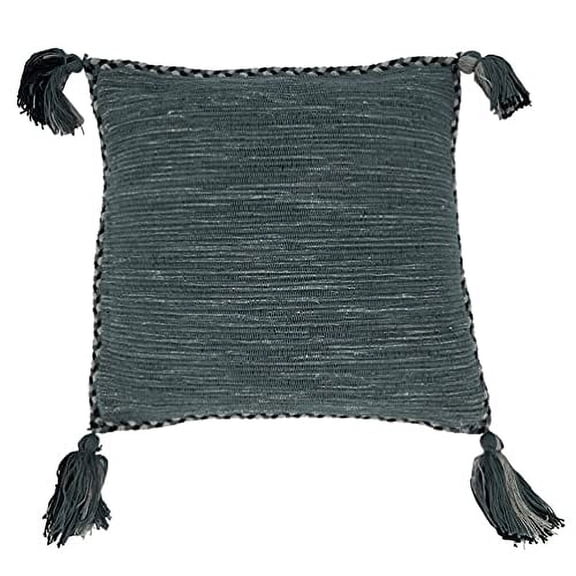 Fennco Styles Braided Broder Tassel Cotton Decorative Throw Pillow Cover 18" W x 18" L - Blue-Grey Woven Square Cushion Case for Home, Couch, Living Room, Bedroom, Office and Holiday Décor