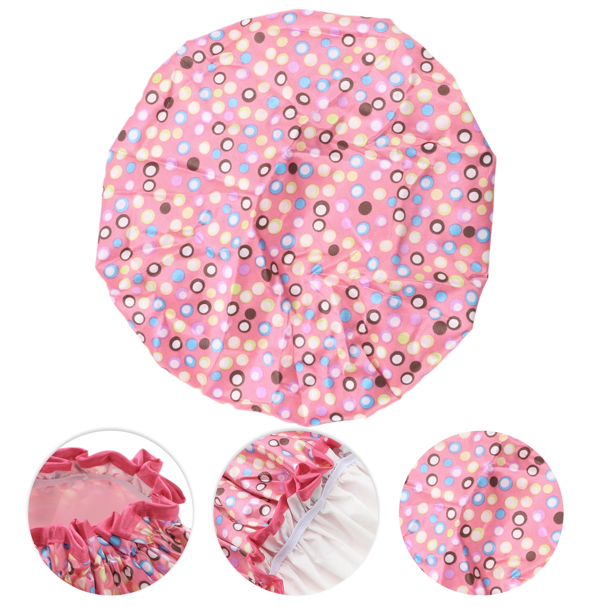 Unique Bargains 1 Pc Women Double Layer Colored Dots Shower Cap for Bathroom Rose Red