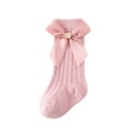 thumbnail image 1 of Faithtur Girl Ribbed Socks Pair, Toddler Elastic Cuff Solid Color Bow Decor Middle Length Baby Stockings, 1 of 6