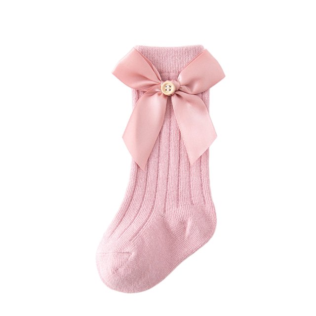 Faithtur Girl Ribbed Socks Pair, Toddler Elastic Cuff Solid Color Bow Decor Middle Length Baby Stockings