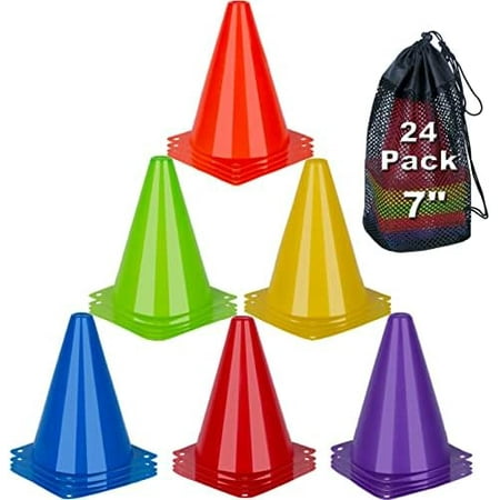7 Inch Soccer Cones, 24 Pack Cones Sports Training Agility Field Marker Plastic Cones for Skating Basketball Football Practice Drills, Indoor Outdoor Activity Events Games Obstacle Course - 6 Colors