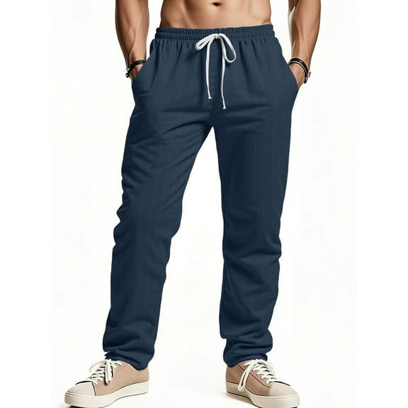CQONEPT Linen Cotton Pants for Mens Casual Loose Fit Drawstring Pant Straight Leg Lightweight Pants with Pockets Navy S