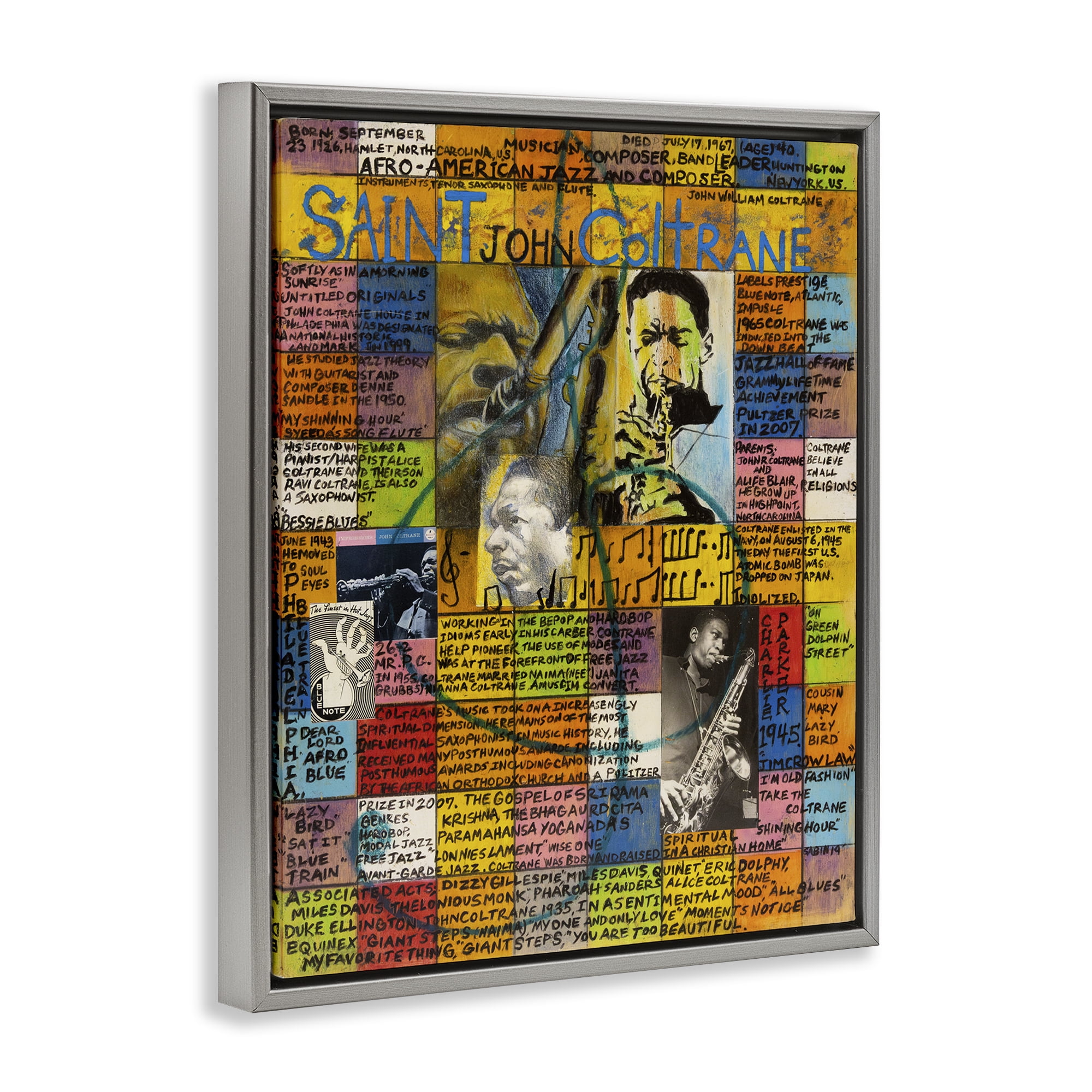Stupell Industries Saint John Coltrane Collage People Drawing Gray Floater Framed Canvas Art Print Wall Art, 25 x 31