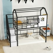 Euroco Twin Loft Bed with Cabinet, Solid Metal House Bed for Kids Teens, Black