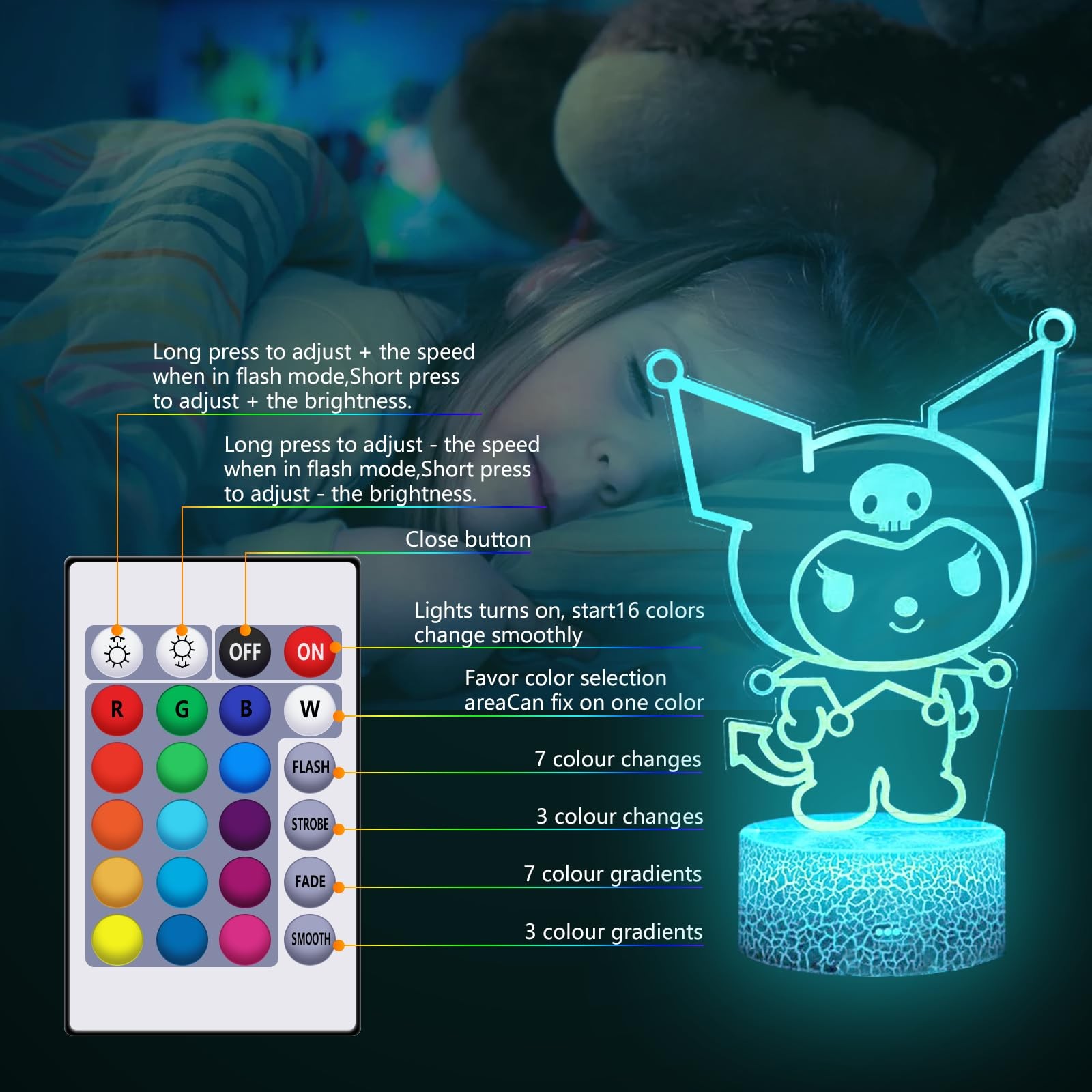 New Cute Kuromi Touch & Remote Control 16-Colors LED Table Lamp, Bedroom Warm Night Light, Bar Rstaurant Decorative Ornaments