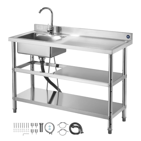 KFFKFF Stainless Steel Utility Freestanding Single Bowl Sink SS1200‑2 Stainless 47.2 x 19.7 x 37 in Silver 1 Unit