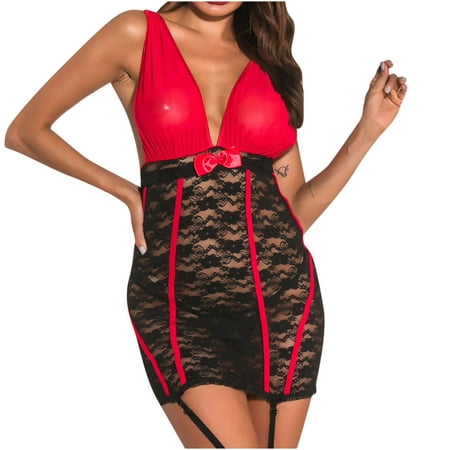 

Lingerie for Women Solid Deep V-neck Lace Splicing Pajamas Hip Suspender Nightdress Ladies Nightgown Home Clothes