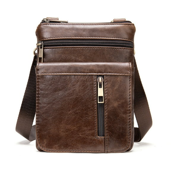Men’s Genuine Cowhide Leather Shoulder Bag Small Crossbody Messenger with Adjustable Strap – Coffee, Dark Coffee, Black