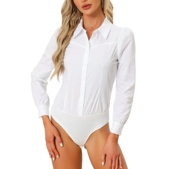 INSPIRE CHIC Leotard Shirt for Women's Collared Business Casual Button Down Long Sleeves Bodysuit Top M White