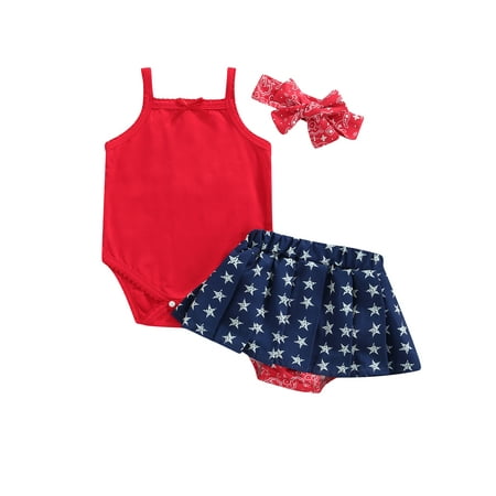 

Nokpsedcb 3Pcs Infant Baby Girls Independence Day Clothes Sets Suspender Romper + Star Print Shorts Skirt + Headband Red 12-18 Months