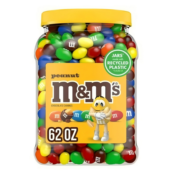 M&M'S Peanut Milk Chocolate Candy, 62 oz. Resealable Jar – Perfect for Snacks, Baking & Celebrations