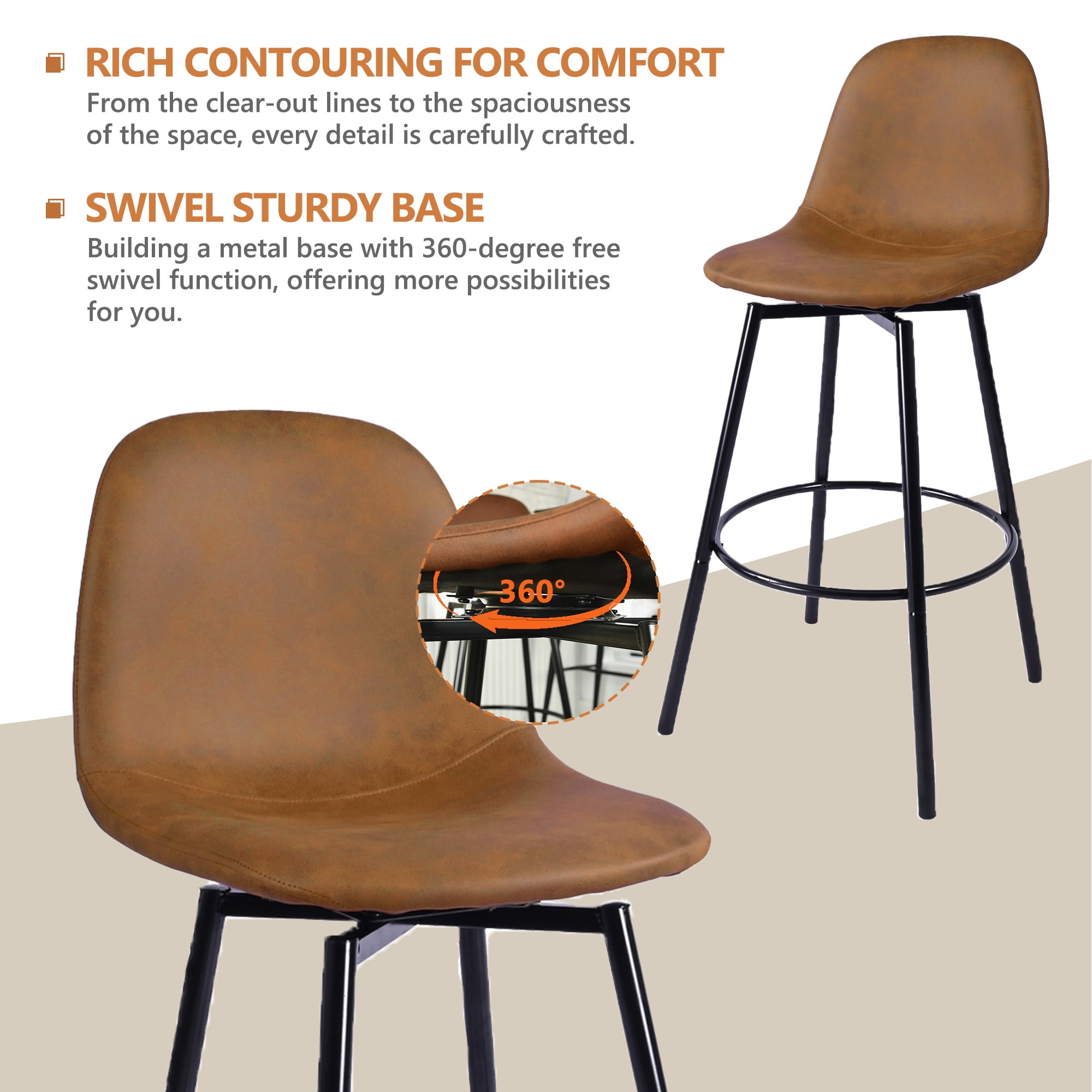 Homy Casa Set of 2 Bar Stools, Faux Leather Upholstered Seat with Black Metal Frame, Brown