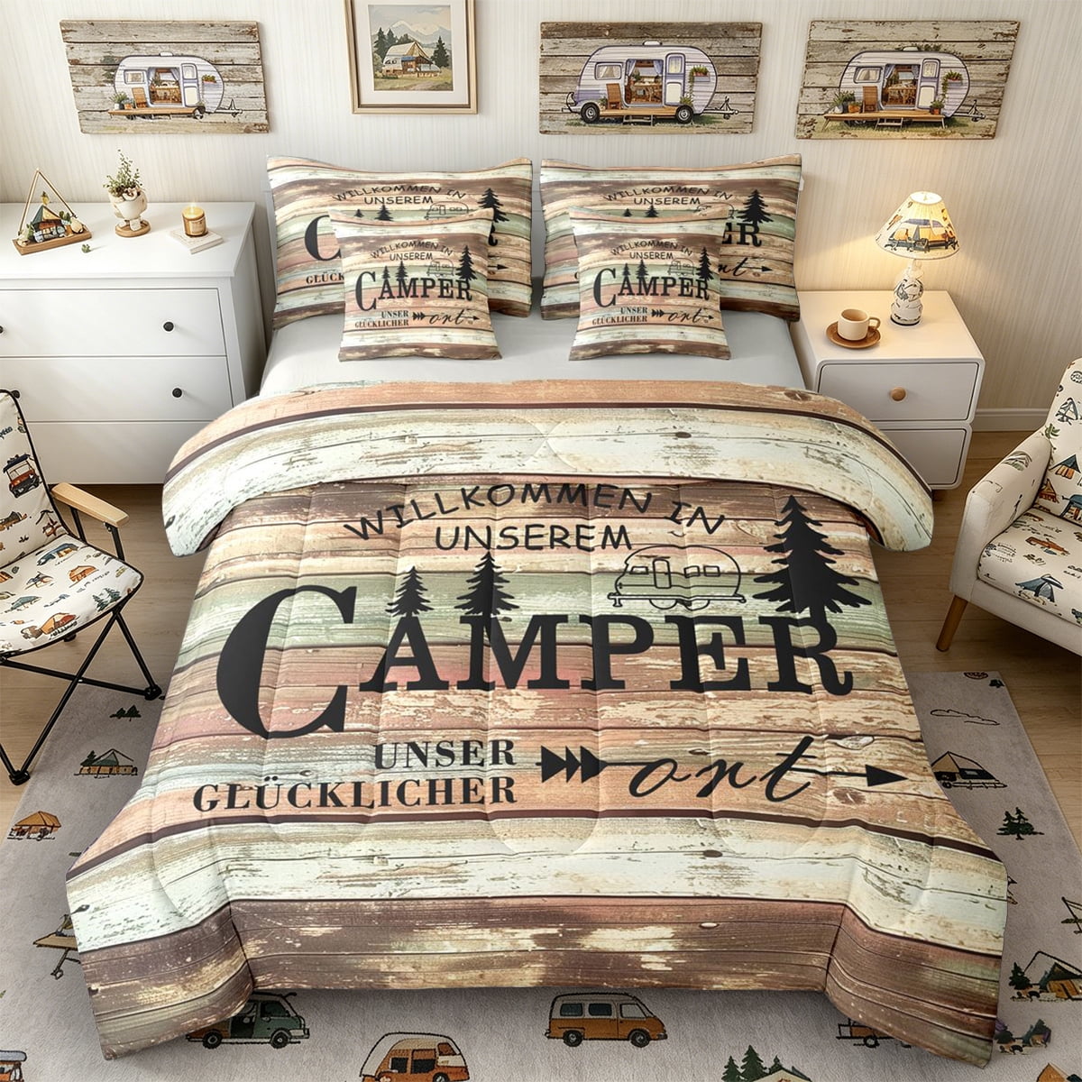 Castle Fairy Rustic Camper Quote Bedding Comforter Set 7pcs for Campers Retro Wood Forest Print Queen Bedding Sets for Bedroom Brown Green Grey Reversible