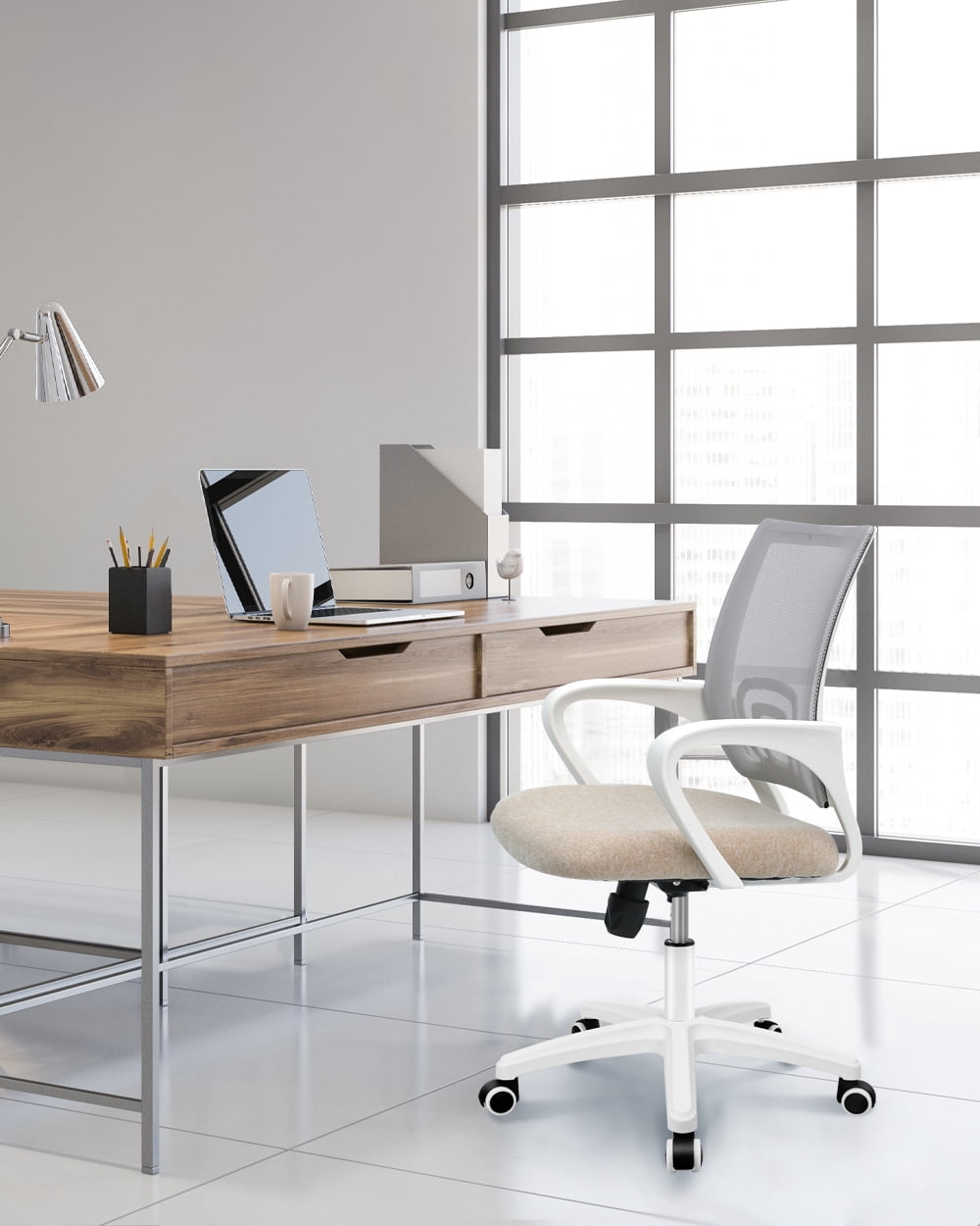 NEO CHAIR Office Desk Computer Chair Ergonomic Mesh Gaming Cushion Seat with Comfy Lumbar Mid Back Support Adjustable Height Swivel Rolling Wheels for Home Task (Beige)