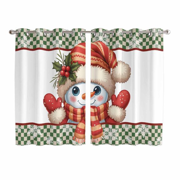 Christmas Snowman Kitchen Curtains Window Panels, Winter Snowflakes Green Buffalo Plaid Insulated Window Treatment Curtain, Grommet Curtains for Bedroom/Living Room/Bathroom, 2 Piece 52"Wx72"L