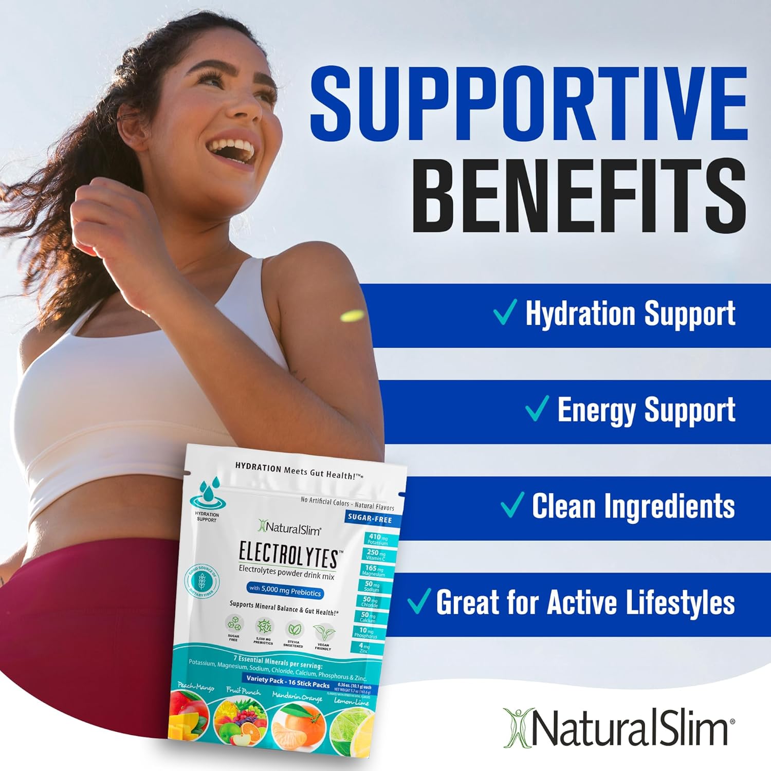 NaturalSlim Electrolytes Powder, Sugar-Free Hydration & Energy Drink Mix with Prebiotics, Variety Pack, 16 Stick Packs (5.7 oz)