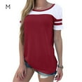 thumbnail image 1 of Blusa de cuello redondo de manga corta con bloque de color a rayas para mujer, rojo vino, M Inevent AP001633-07, 1 of 6