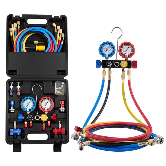 VEVOR AC Manifold Gauge Set for R134a R404A R1234yf R22 Refrigerant, 4 Way AC Gauge with 5 ft Hoses, Adapters, Quick Couplers, Can Taps for Automotive Air Conditioning Maintenance,Charging Evacuation