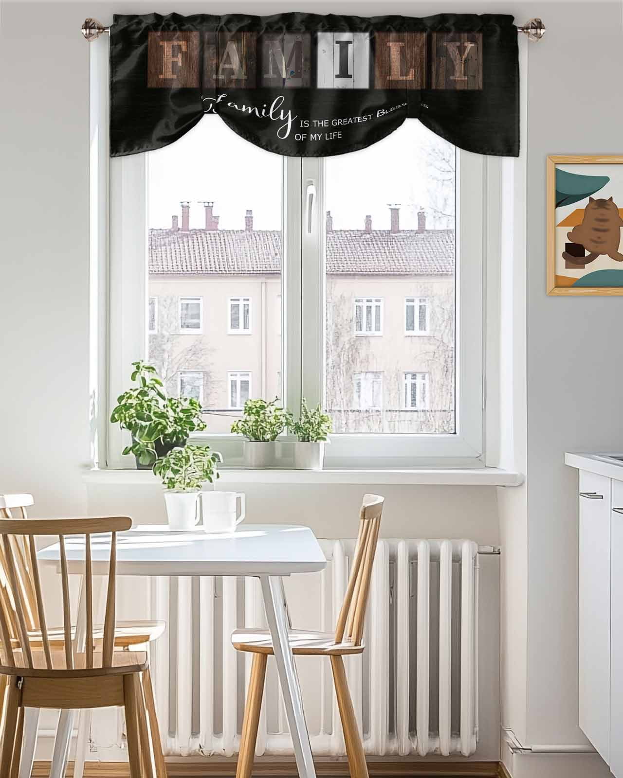 Retro Family Tie Up Valances Curtain, Adjustable Kitchen FAMILY IS THE GREATEST BLESSINGS Wood Grain Valances for Windows Decor, Rod Pocket Short Curtains Set for Bedroom/Bathroom, 54"x18"