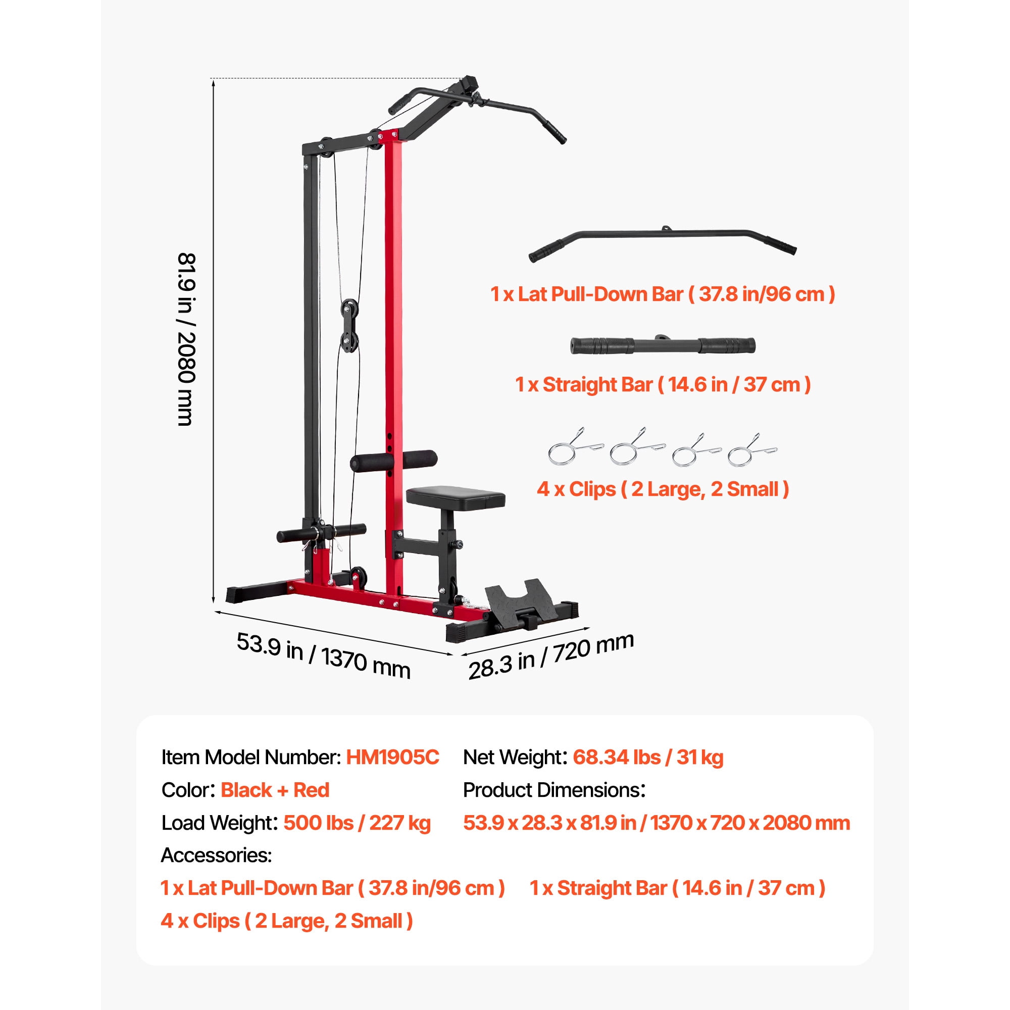 KFFKFF 2-in-1 LAT Pull Down and Row Machine, Adjustable Cable System for Home Gym, Features 3-Level Seat and 4-Level Foam Roller, Supports Up to 500 lbs, Ideal for Back, Chest, Black and Red