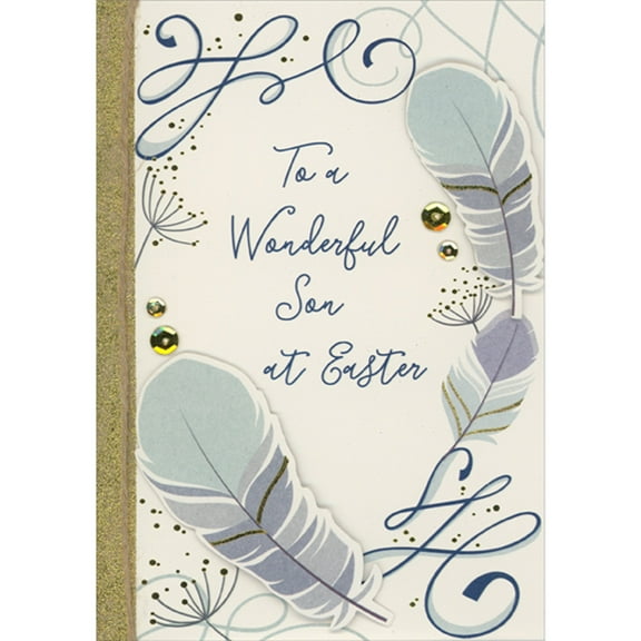 Designer Greetings Two 3D Die Cut Blue and Gray Feathers, Swirling Blue Lines, Gold Sequins, Gold Foil Border and Brown String Hand Decorated Easter Card for Son