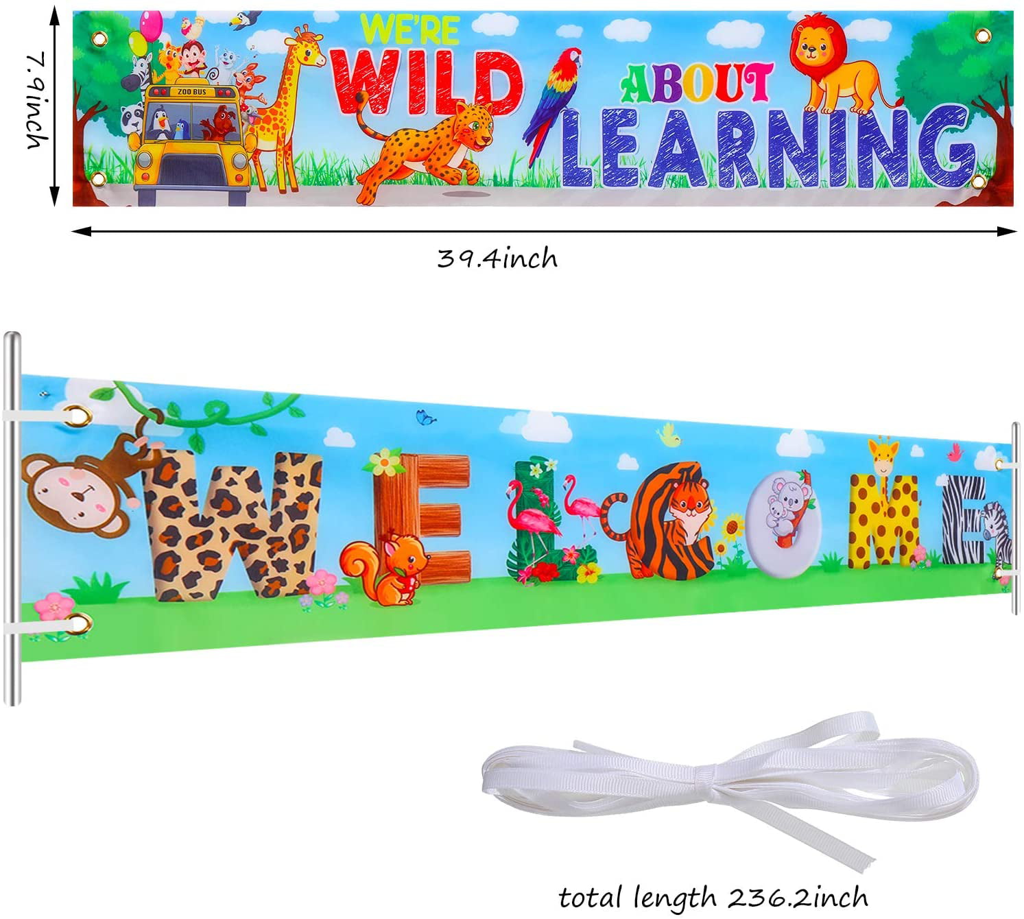 Animal Style 39.4 x 7.9 Inch 2 Pieces Creative Teaching Banner Welcome Back to School Banner with Animal Inspirational Banner Poster Classroom Banner for School Teacher Students Decorations 
