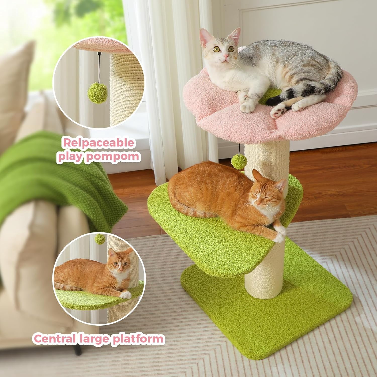 36.2’‘ Flower Cat Tree, Cat Scratching Post for Large Cats, Cat Tower with Super Thick Scratching Post [Dia=4.9''], Flower Cat Bed, Tall Cat Scratcher for Indoor Cats, Pink