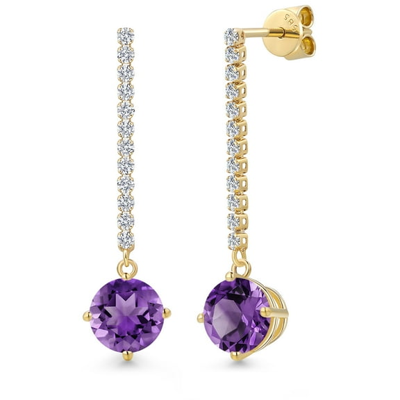 Gem Stone King 14K Yellow Gold Purple Amethyst and Lab Grown Diamond Dangle Earrings for Women | 3.76 Cttw | Gemstone February Birthstone | Round 8MM