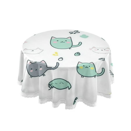 

60 Round Tablecloth with White Lace Trim Wrinkle & Heat-Resistant Table Cover for Dining and Home Decor Cute Cat and Fish Pattern